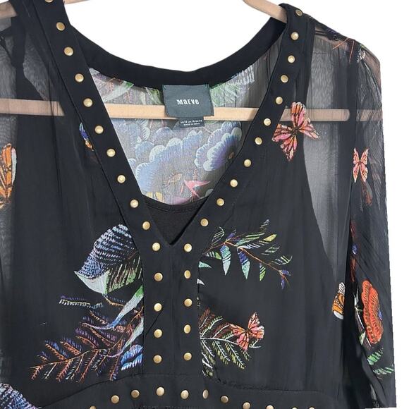 Maeve Anthropologie Nighttime Florals Mini Dress Women's 12 Semi-Sheer Studded - Picture 3 of 6